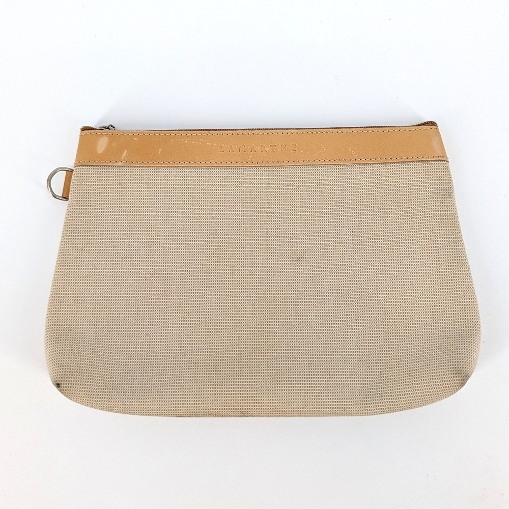 Lamarthe Paris Canvas Leather Trim Clutch Bag Made in Italy Beige Tan 8.5"